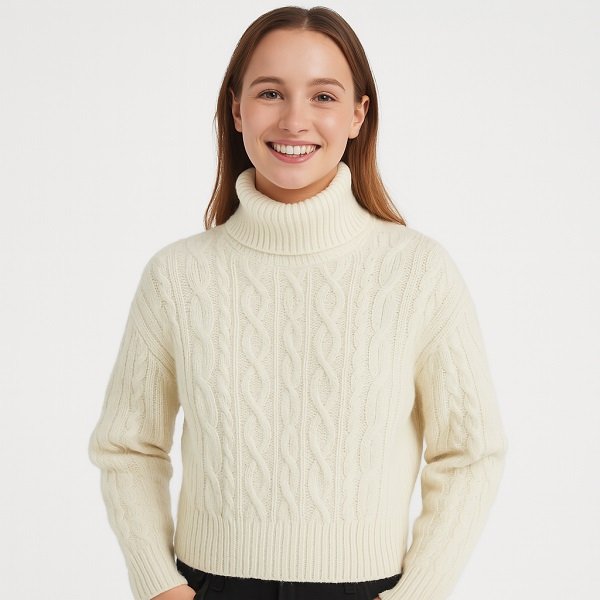 Bulk Women White Cable Knit Turtleneck Sweater Vendor