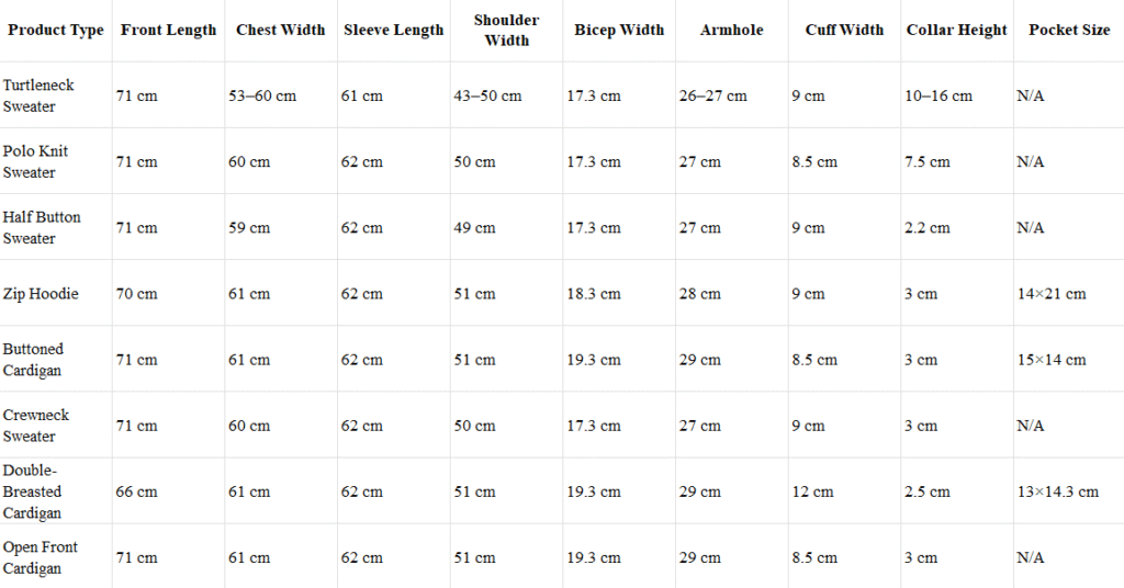cardigan sweater hoodies turtleneck crewneck polo size charts